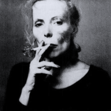 Retrato em preto e branco de Joni Mitchell