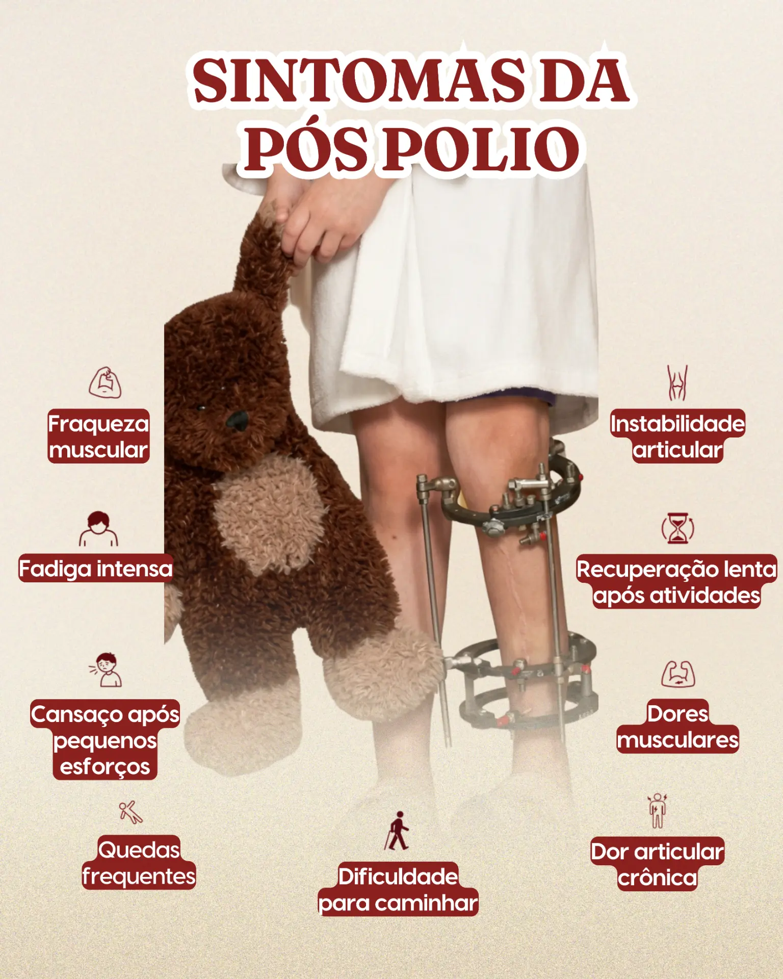 Infográfico com os sintomas da síndrome pós-pólio: fraqueza muscular, fadiga intensa, cansaço após pequenos esforços, quedas frequentes, dificuldade para caminhar, instabilidade articular, recuperação lenta após atividades, dores musculares e dor articular crônica.